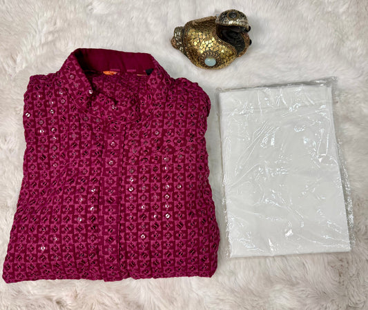 Lovely Chikankari men’s kurta set with white pant. Available in size 38