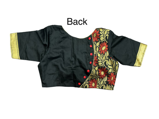 Elegant Black tusser silk saree with floral Embroidery work and zari border comes with stitched blouse size 38 to 42