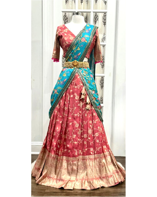 Beautiful Tissue silk half saree with kalamkari Dupatta / Lehenga in this beautiful combo yellow and purple. Size available in 36,38 and 40.