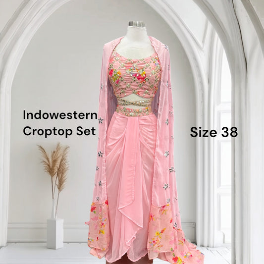 Elegant Pink Indo-Western Crop Top Set | Embroidered Partywear Dress | Drape Skirt Outfit | Size 38 | Ready to Ship from USA