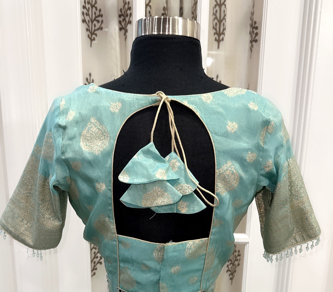 Gorgeous Blue Tissue silk half saree with pure chinon cutwork dupatta Size available in 36,38.