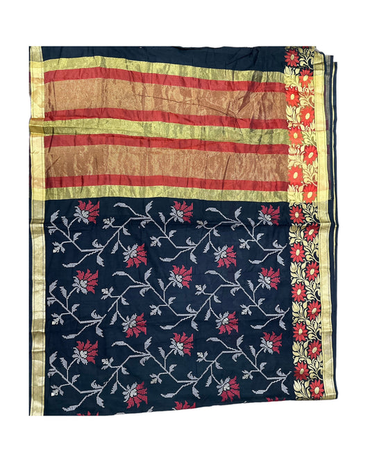 Elegant Black tusser silk saree with floral Embroidery work and zari border comes with stitched blouse size 38 to 42