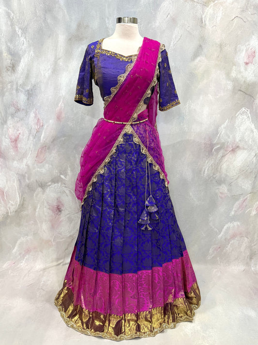 Elegant Kanchi Pattu Lehenga in a stunning royal blue & pink color combination, beautifully enhanced with intricate handcrafted Maggam embroidery. Perfect for weddings, receptions, festivals, and traditional celebrations. Size 38/40