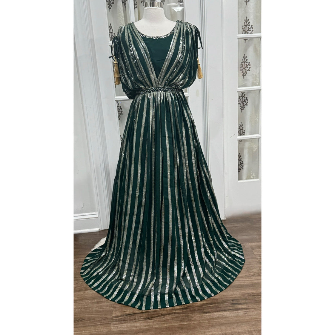 Elegant Heavy wedding Indowestern Partywear Gown in Dark green Georgette fabric with Sequin work - Size 40, Length 61 inches.