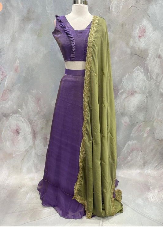 Custom elegance by Siyaras Fashion House. Available in Size 36-38. This customized tissue crop top lehenga set from Siyaras Fashion House
