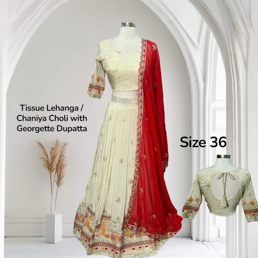 Elegant Off White Banarasi Tissue Silk Wedding Lehenga Choli – Heavy Embroidery & Sequin Work – Size Medium 38 , chaniya choli, ready to ship usa (Copy)