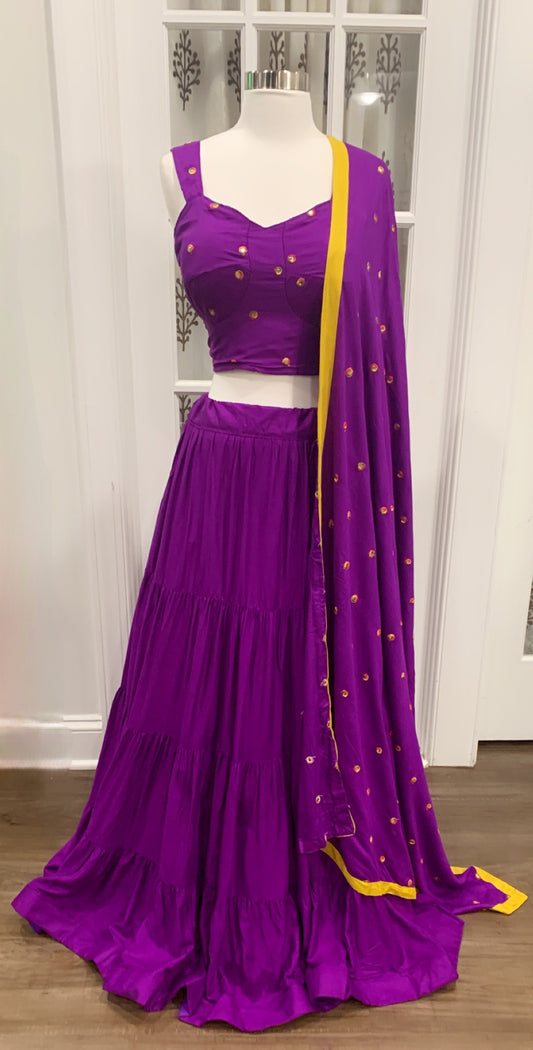 Trendy Chaniya Choli Purple color Big Gher Fully Stitched tier pattern Rayon fabric L Size Navratri Special Budget Friendly Freeship