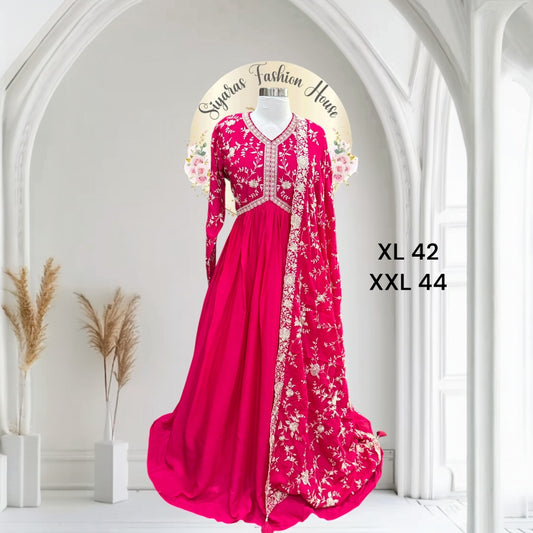 Gorgeous Pink Anarkali Long Gown in Chinon Silk with Silk thread Embroidery and sequence (front and back) and lace border dupatta. Avl in Xl 42/XXL 44.