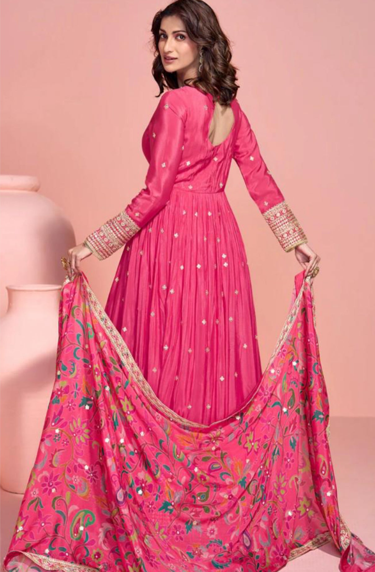 Gorgeous wedding Partywear Anarkali chinon Silk Gown with embroidery and kalamkari floral dupatta with border size XL 42 long gown