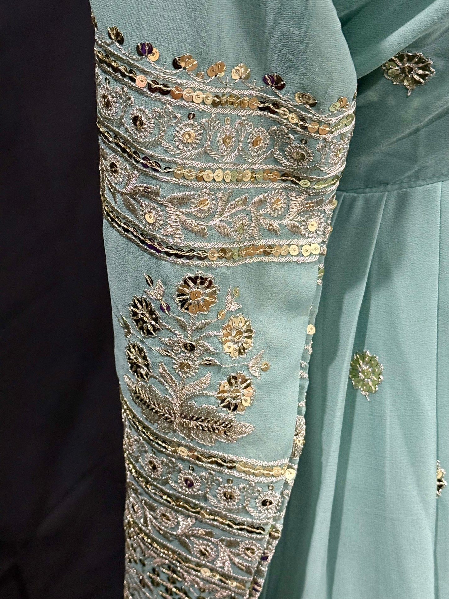 Elegant Sea Green Embroidered Anarkali Suit with Floral Dupatta. Available in size 42.