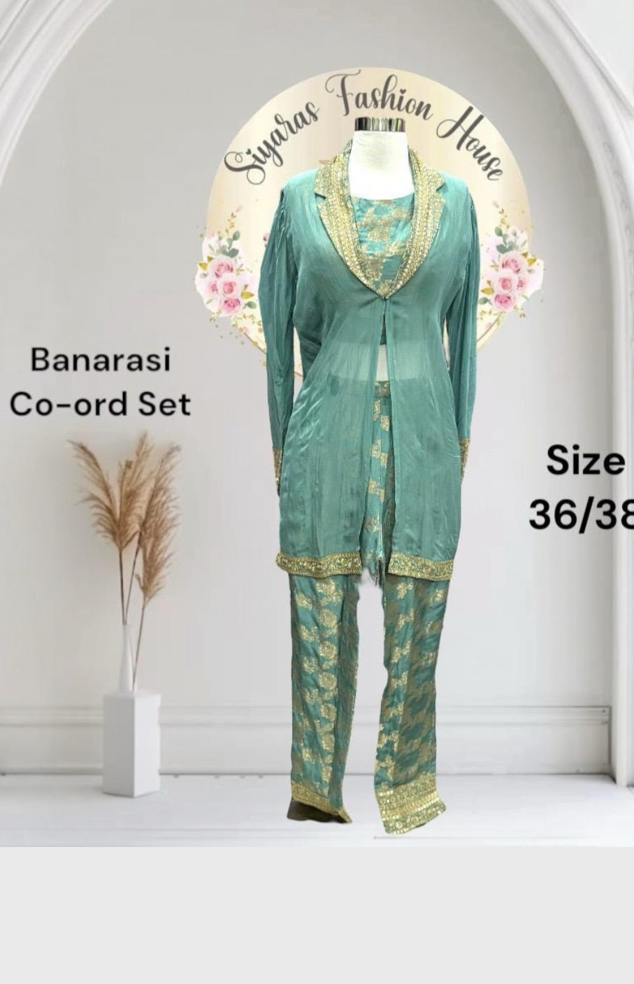 Elegant 3 pc Cord set in organza jacket with banarsi top and pant fabric powder blue Partywear Dress Ready to ship USA size 36/38