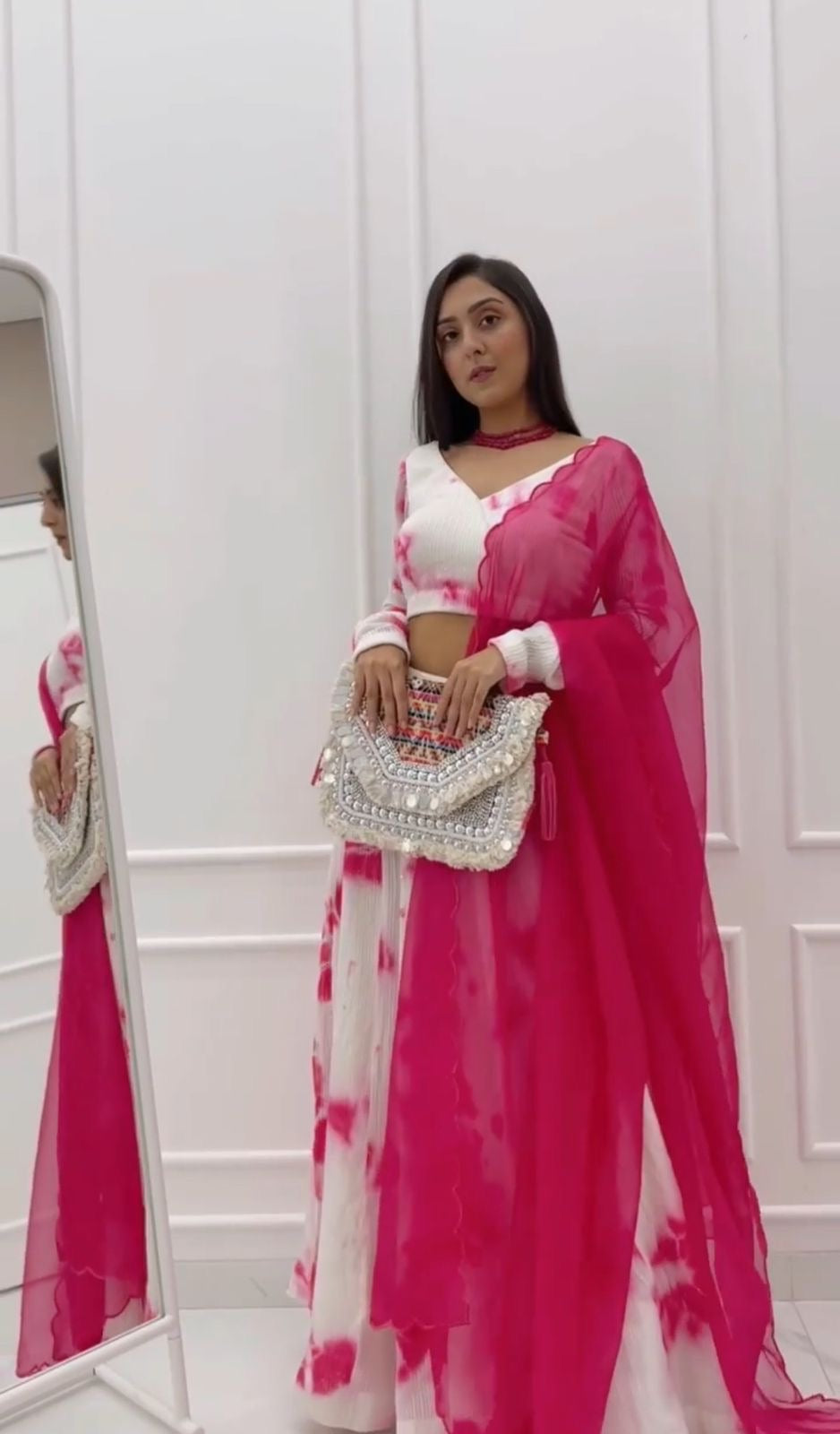 Elegant Pink Tye and Dye Georgette fabric with sequence weave lehanga choli Busget friendly price fully stitched
