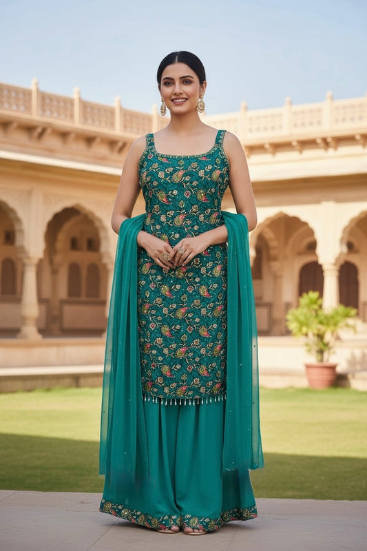 Beautiful Teal green Palazzo set Partywear dress silk top Georgette pant and dupatta ready to ship size 38 wedding guest outfit