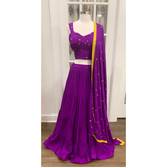 Trendy Chaniya Choli Purple color Big Gher Fully Stitched tier pattern Rayon fabric L Size Navratri Special Budget Friendly Freeship