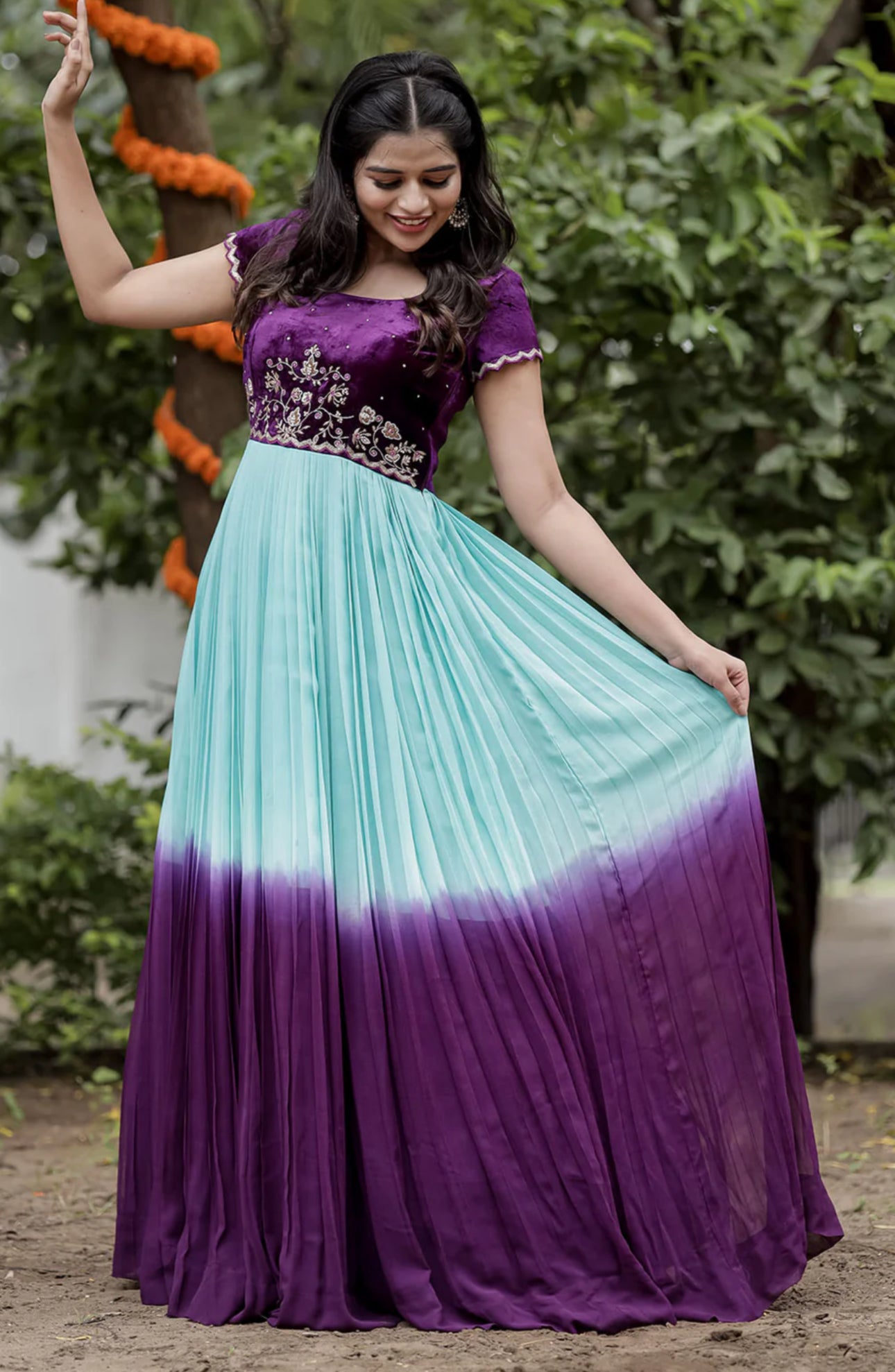 Stunning Anarkali Gown with handwork yoke in velvet and Flowy Dual shade Long gown in Georgette fabric size XXL