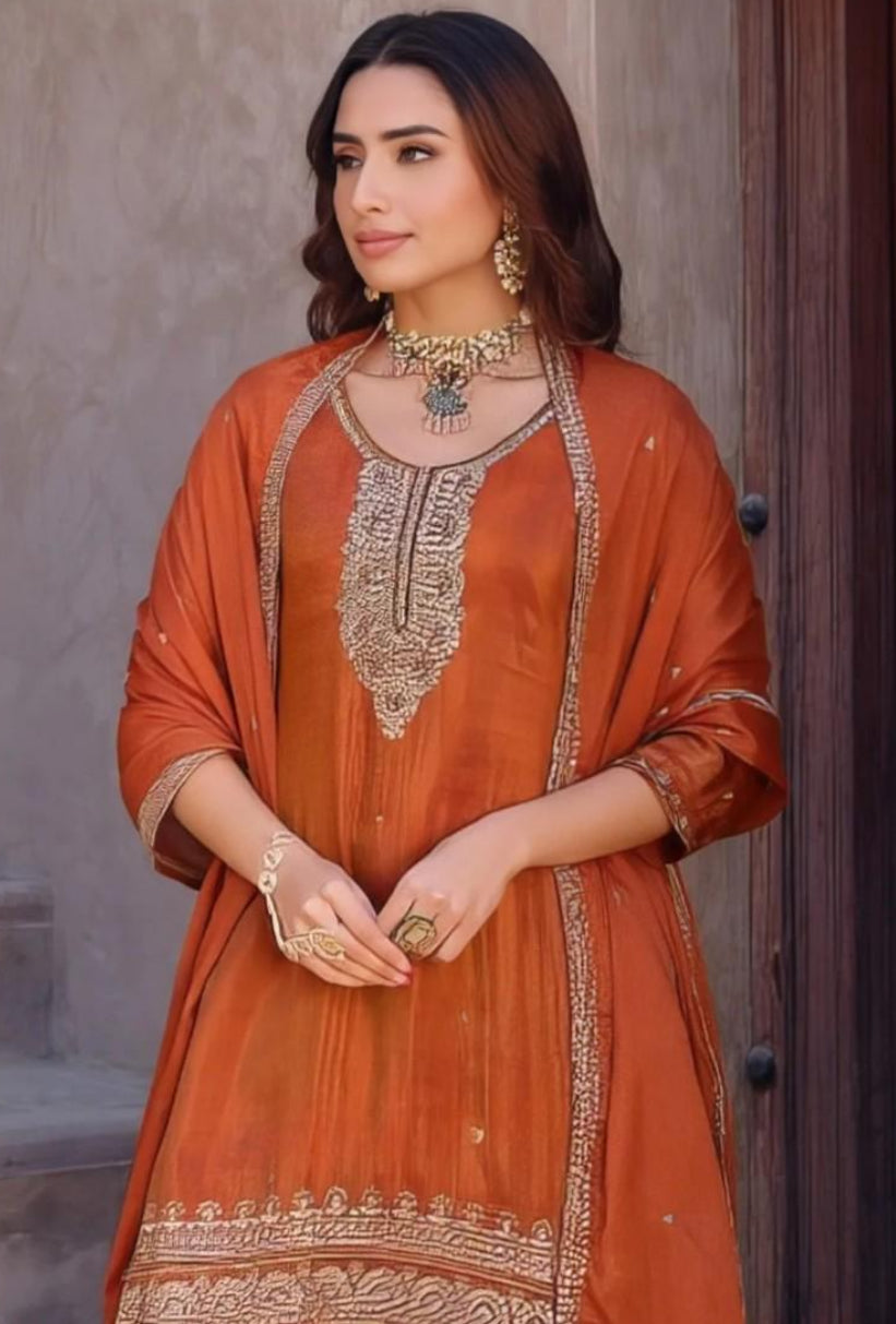 Gorgeous Vibrant Orange Silk Palazzo Set | XL 42 | Embroidered Kurta & Brocade Palazzo with Dupatta | Festive Wedding outfit ready to ship