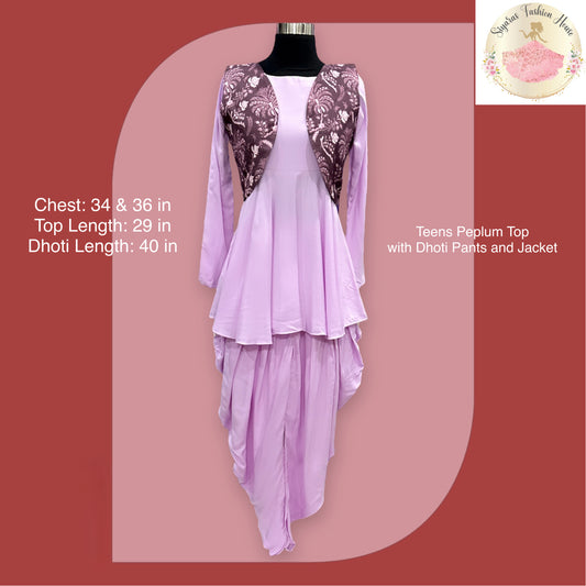 Elegant lavender Dhoti Style Dress with peplum top and Kalamkari Jacket