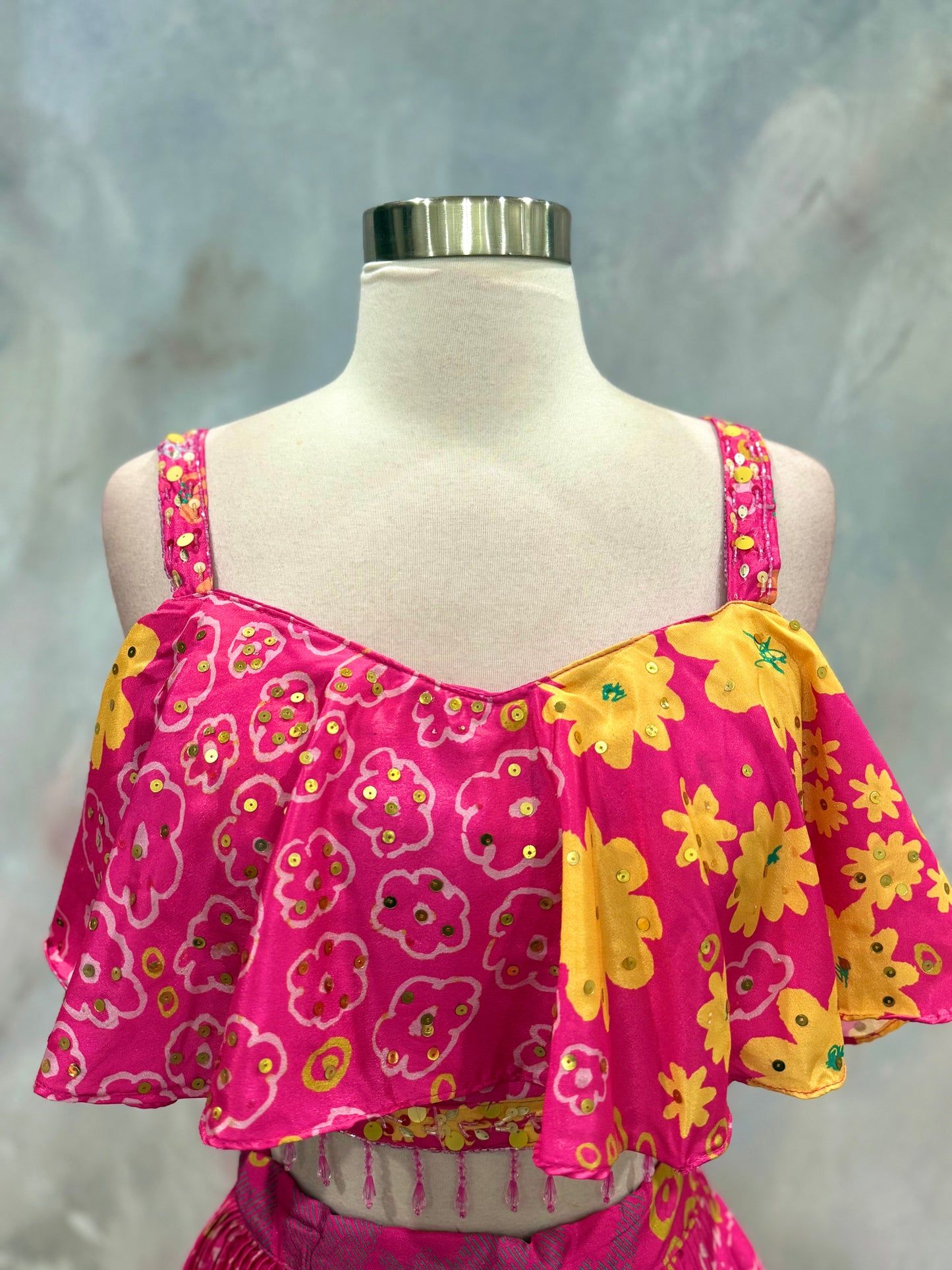 Beautiful Muslin Crop top pink hues with sequence work blouse and crush floral pattern Lehanga size 38