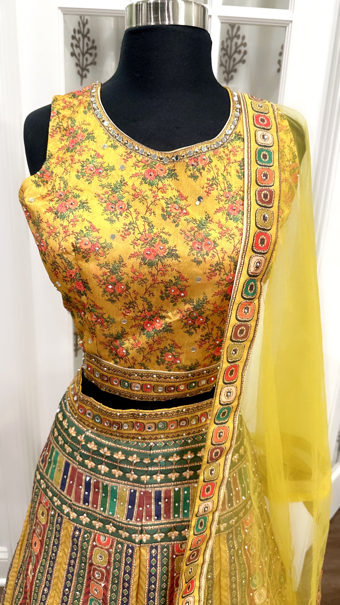 Elegant Light weight Haldi silk lehanga outfit with net dupatta mirror work ready to ship budget friendly size 42