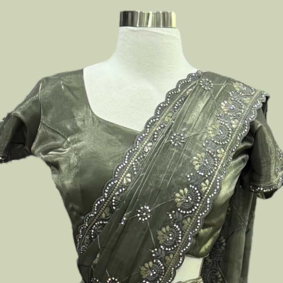 Premium organza saree. A subtle sparkle of Swarovski & elegant embroidery for a truly timeless look.
Comes with matching satin inner skirt , Blouse fits 38-42.