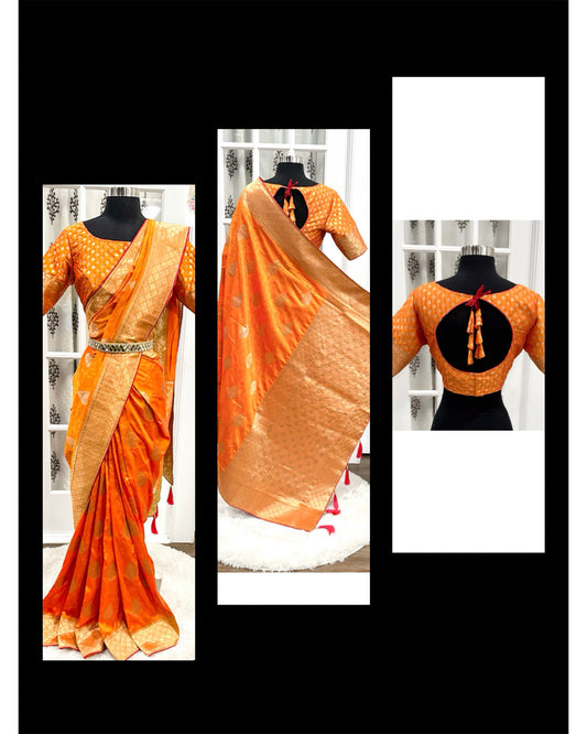 😍Beautiful Banarasi silk saree adorned with exquisite Swarovski work all over, radiating elegance and charm. Comes with elegant stitched blouse😍