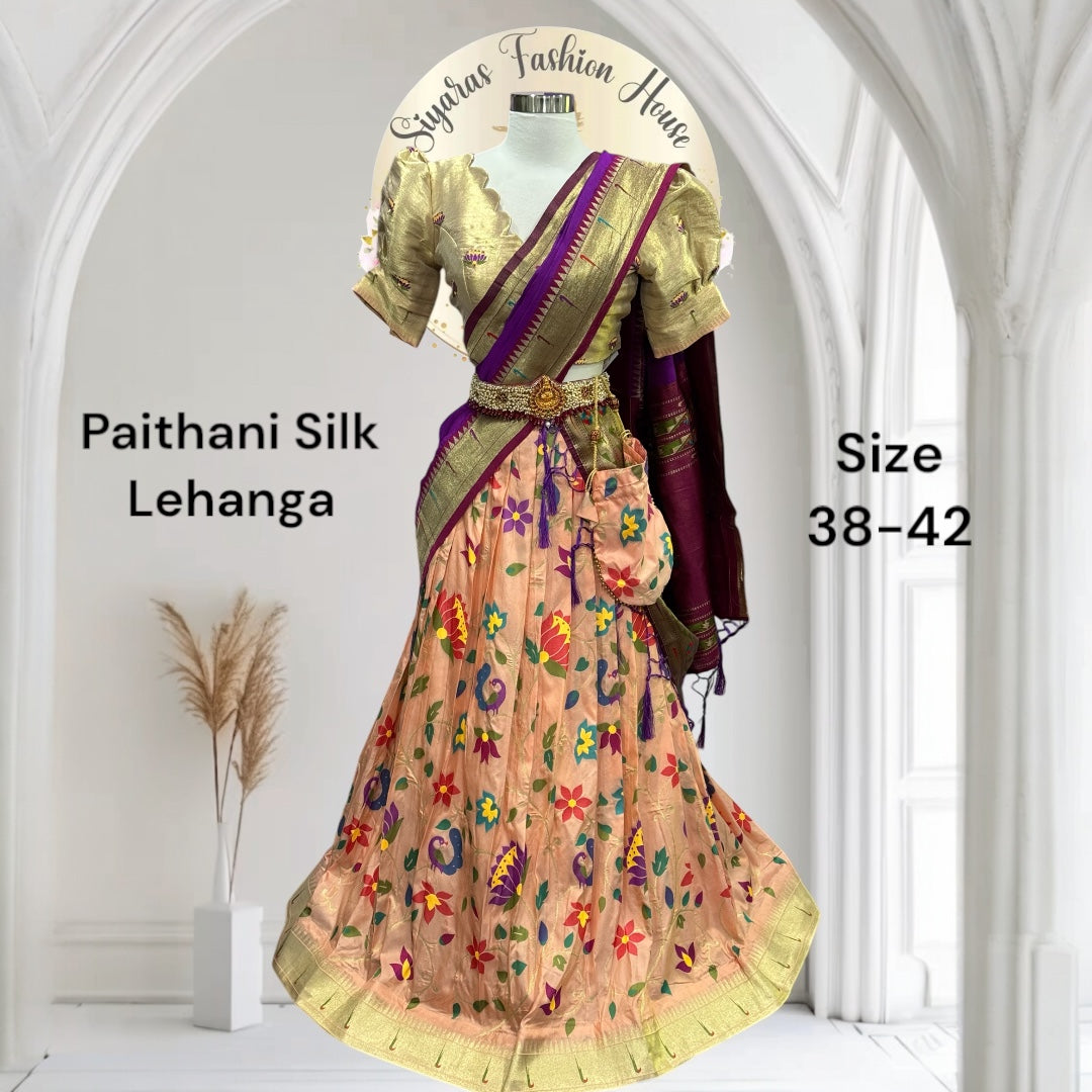 Beautiful Pythani Lehanga and Paithani Dupatta with stitched blouse (puff hands). Available in 38-42.