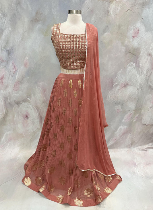 Beautiful peach pink fully stitched wedding guest partywear lehanga in jacquard silk size 40 ready to ship