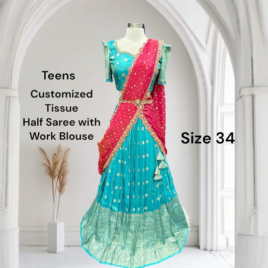 Gorgeous Tissue Half saree/Lang Voni with Maggam work blouse and a grand tissue dupatta size 34 for teens wedding half saree function