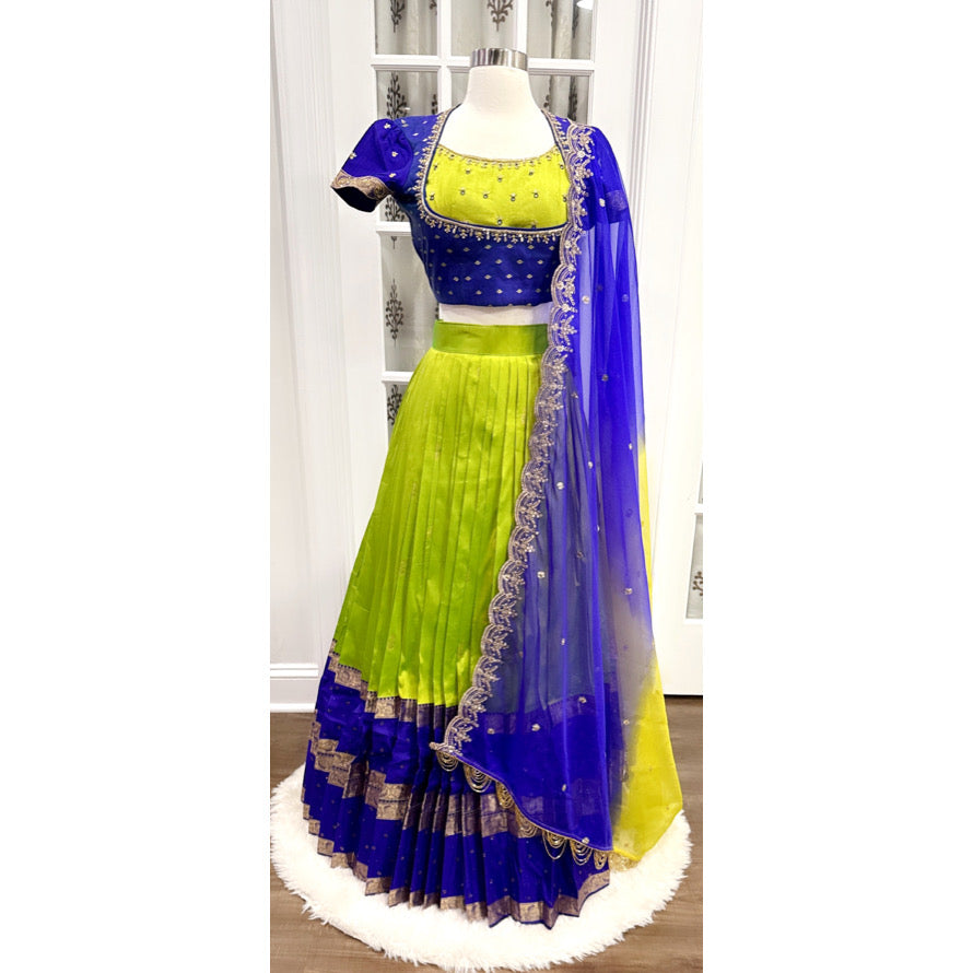 Trendy Lime and Blue combo Gadwal Silk Half saree for teens/adults with work blouse Half Saree. Size 38/40/42