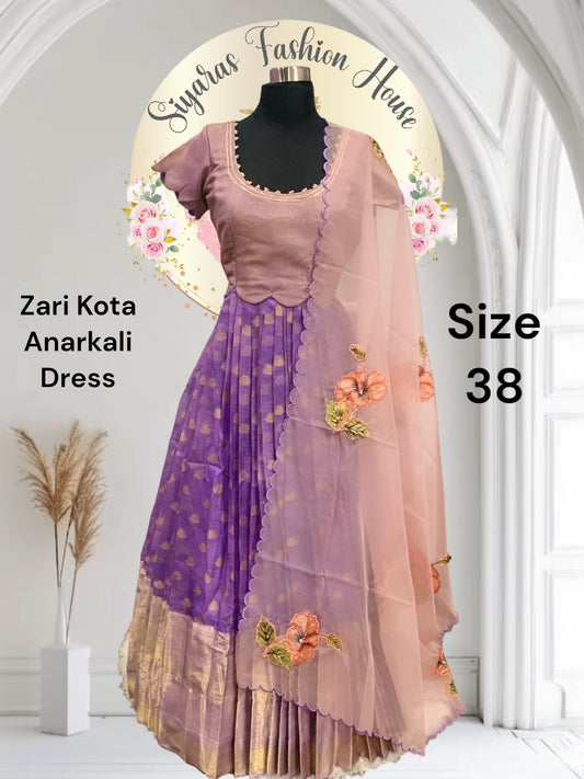 Elegant Zari Kota Anarkali Dress in lavender color size 38