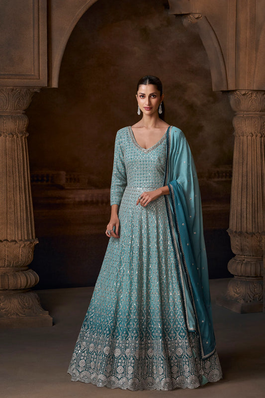 Beautiful Ombre Sea Blue Anarkali Gown | Partywear wedding| premium quality Georgette, Zari Mirror Sequin Work, size : xxl 44 ready to ship in USA