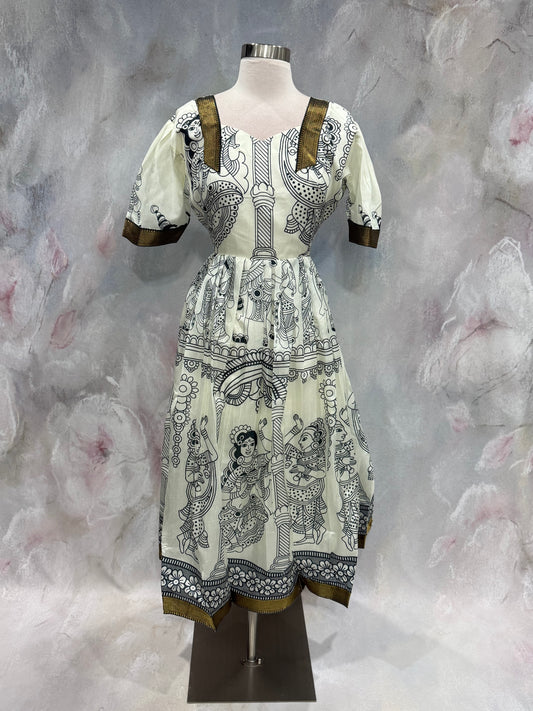 Elegant Kalamkari silk 3/4 gown with zari border size 38, length 47 in