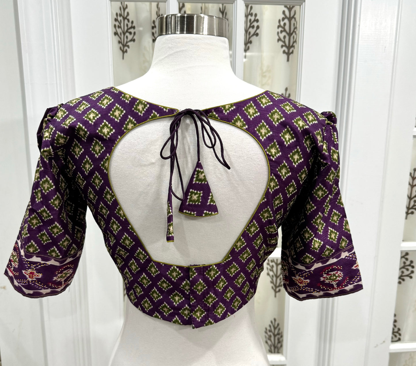 Lehariya Patola silk saree in purple and magenta combination with stitched Blouse size fits 40 to 44