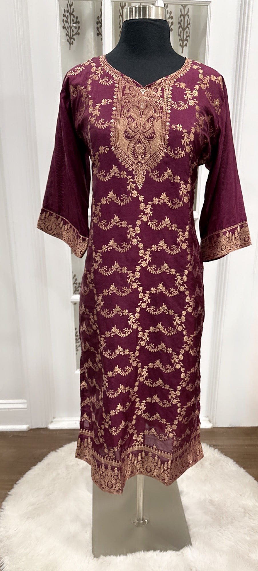 Attractive Maroon color Banarasi kurti only with elegant pattern weave size inclusive size 44 length 46 Ready to ship