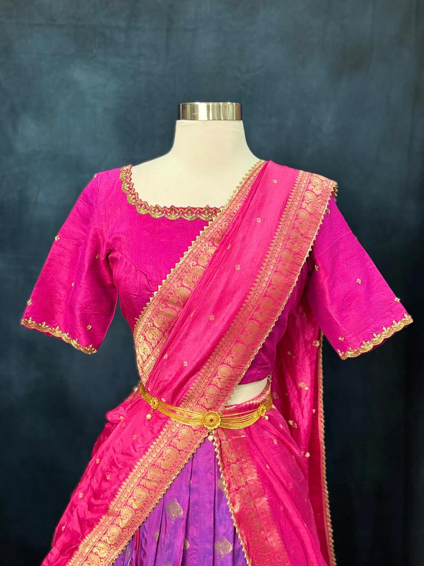 Beautiful dual shade Silk half saree with pattu border. Available in size 38 to 42
