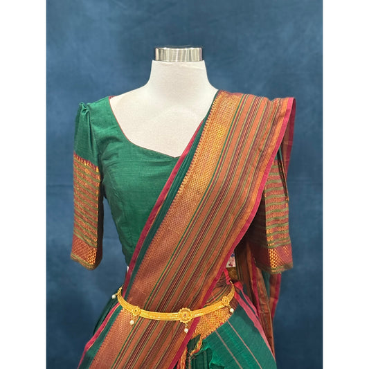 Traditional customized narayanpet cotton half saree , langa voni greed and red color combo size 38 to 42