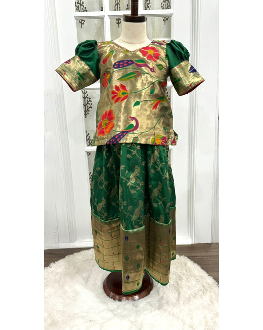 Kids Paithany Pattu langa set for 5 to 8 years.
Chest Size is 26 to 31. Dress full length from shoulder to bottom is 39 to 45