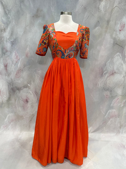 Customized crepe bright orange Partywear gown with Position print sequence work in yoke flowy gown size 40 length 55 in ready to ship USA