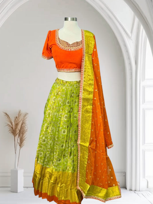 Beautiful Banarasi silk with Pattu border half saree in size 44 can be extended upto 48