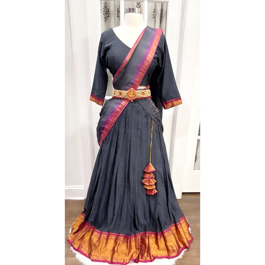 Traditional Naranyanpet pure cotton Lehanga /Half saree with self color duppatta in charcoal color with purple border Langa voni