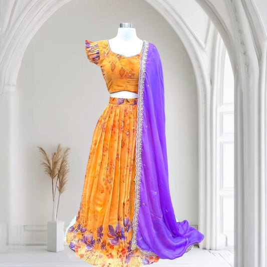 Customized Organza Lehenga / Half Saree in Orange and Purple | Floral Partywear Lehenga | size 36 to 40  | Ready to Ship from USA |