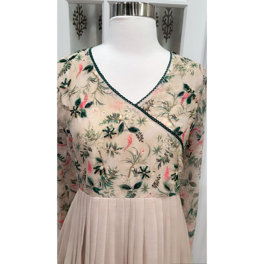 Gorgeous chiku color Chiffon Anarkali gown digital print Angrakha style 3 pc set Indian wedding outfit  XL 42 on hand