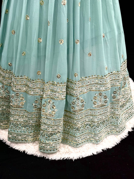 Elegant Sea Green Embroidered Anarkali Suit with Floral Dupatta. Available in size 42.