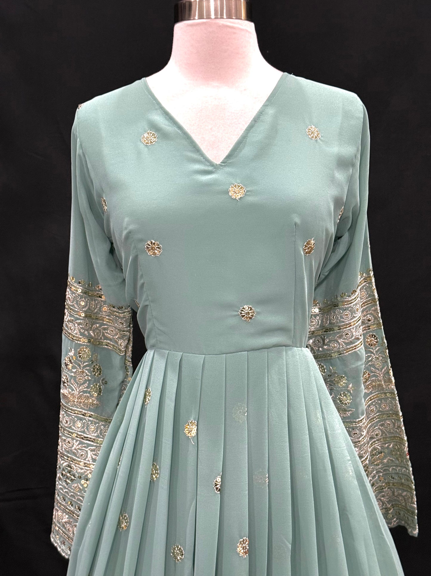 Elegant Sea Green Embroidered Anarkali Suit with Floral Dupatta. Available in size 42.