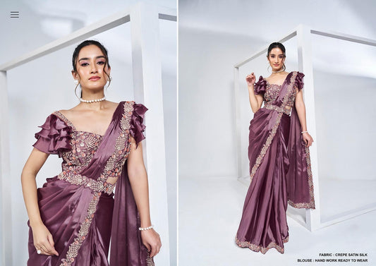 Beautiful IndoWestern party wear pre drape saree with work. Comes with stitched blouse. Available in size 40