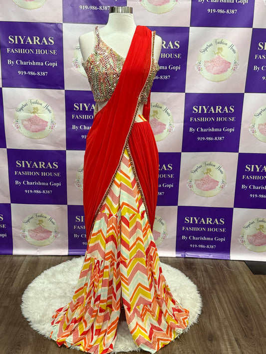 Beautiful Sharara drape style lehenga perfect party wear for sangeeth / wedding / birthday party. Available in size 40.