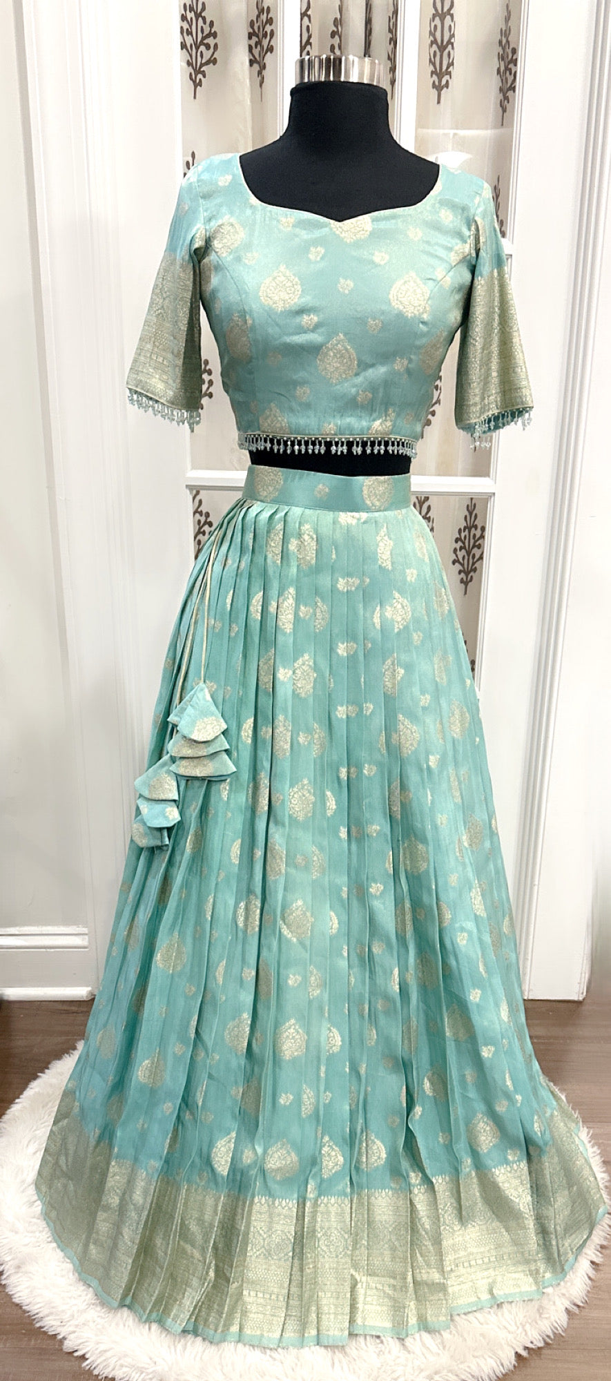 Gorgeous Blue Tissue silk half saree with pure chinon cutwork dupatta Size available in 36,38.