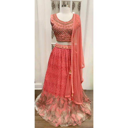 Elegant Partywear peach pink Lehanga in raw silk blouse with handwork and mirror work and chiffon skirt grand looking size XL