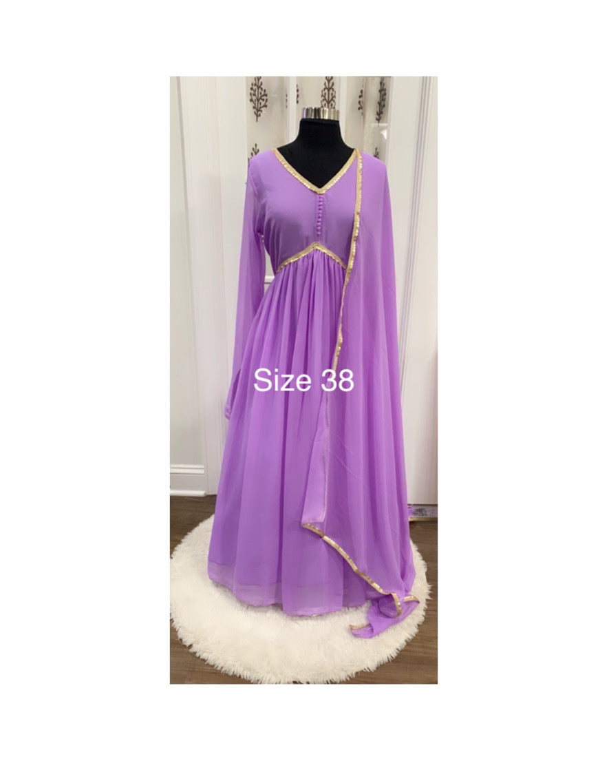 Gorgeous Alia Cut Lavender color Georgette Long Gown with Dupatta and lace border embellishments size 38 ready to ship