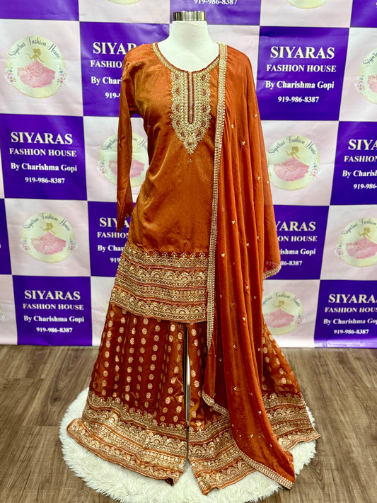 Gorgeous Vibrant Orange Silk Palazzo Set | XL 42 | Embroidered Kurta & Brocade Palazzo with Dupatta | Festive Wedding outfit ready to ship